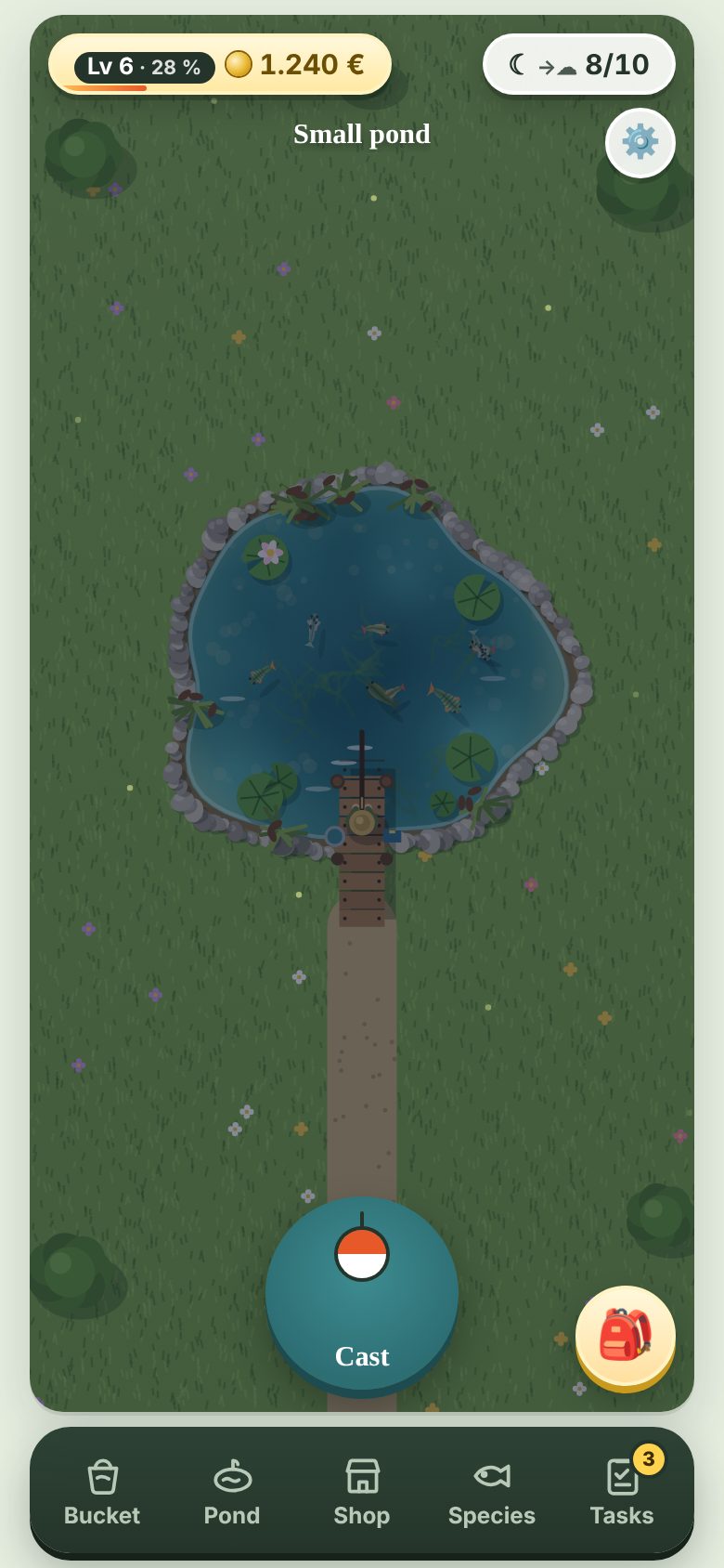 Scene from Gene Pond: a pond with a jetty, fish and water lilies seen from above
